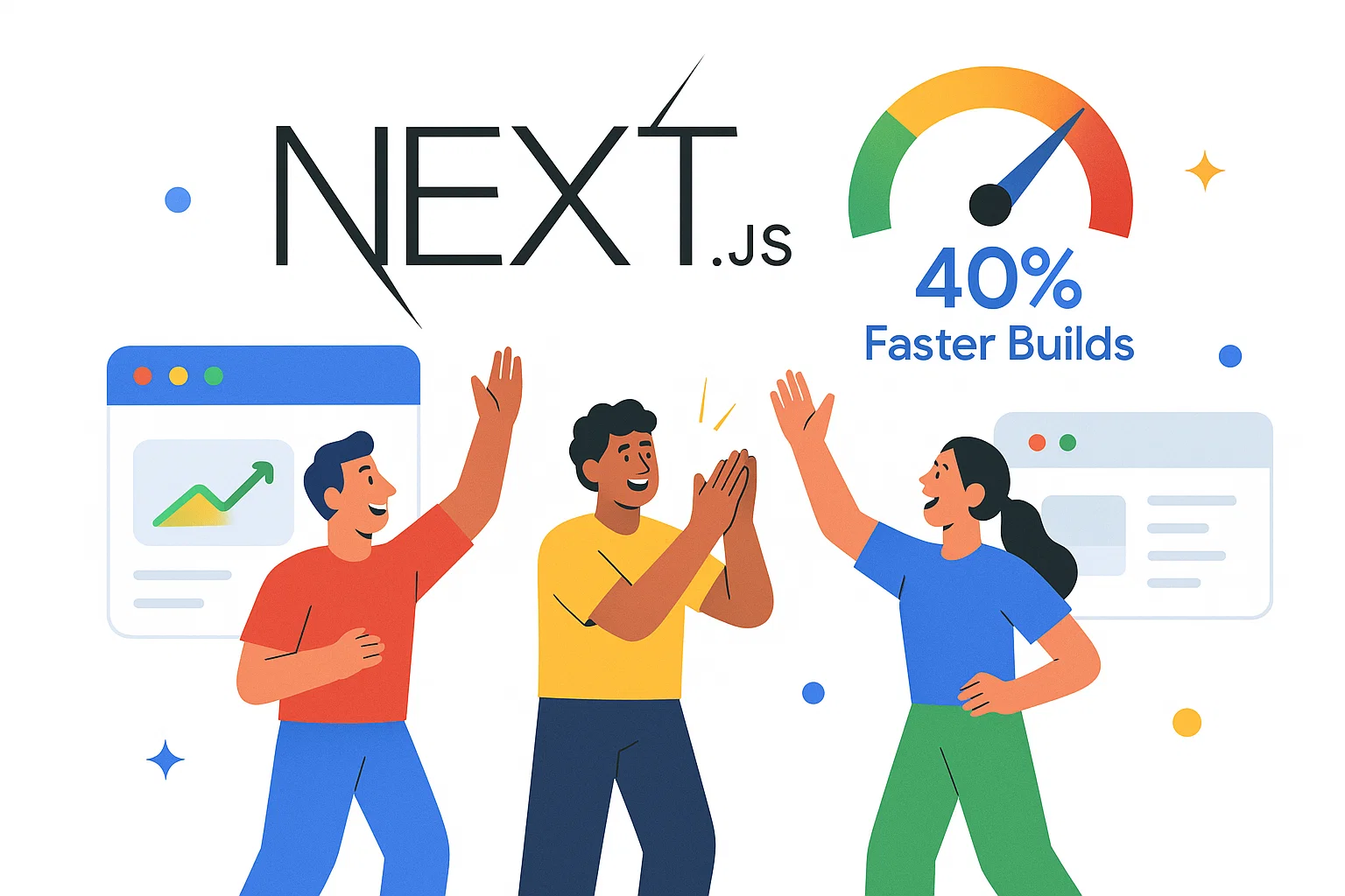 Developers celebrating Next.js 16 launch with 40% faster builds and improved performance.