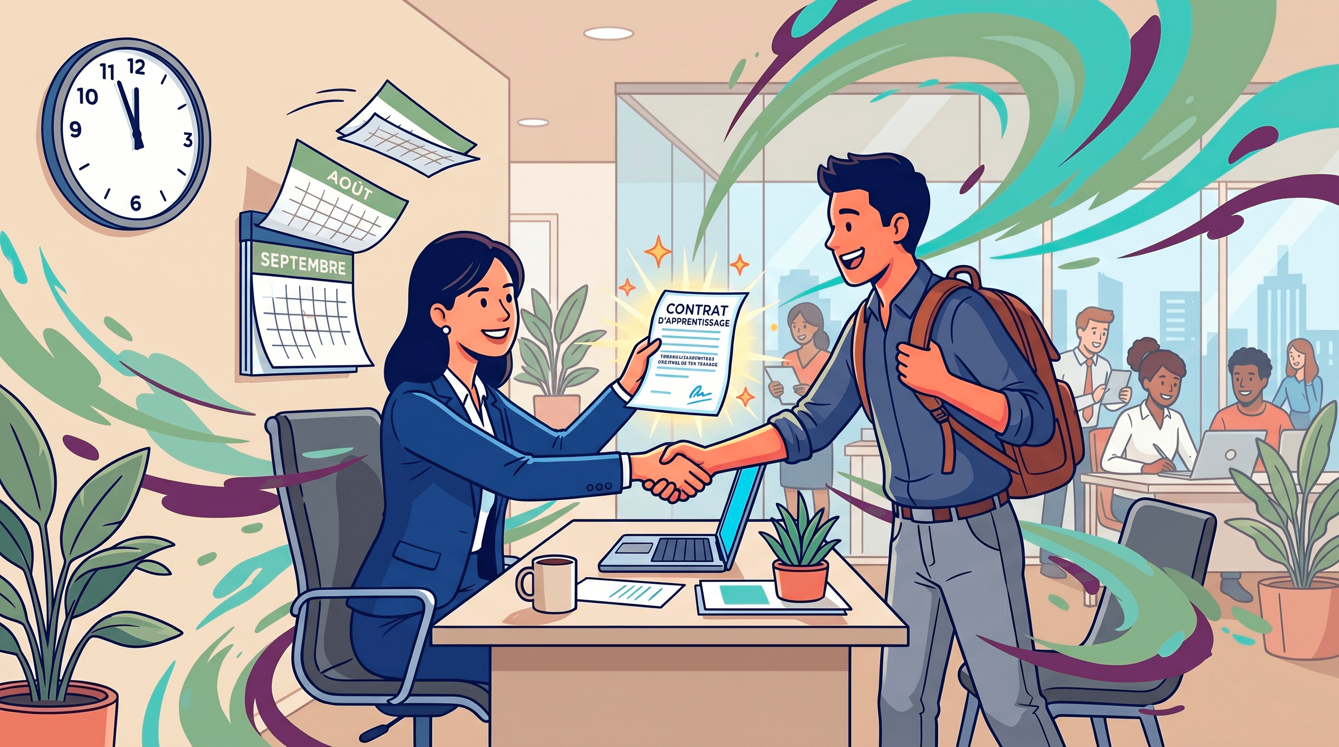 Illustration vectorielle Linkpick en flat design montrant une recruteuse et un jeune alternant souriants se serrant la main au-dessus d'un bureau pour la signature d'un contrat d'apprentissage. En arrière-plan, un calendrier passe du mois d'août à septembre et des traînées d'énergie colorées symbolisent la rapidité et la réussite d'un recrutement de dernière minute avant la rentrée.