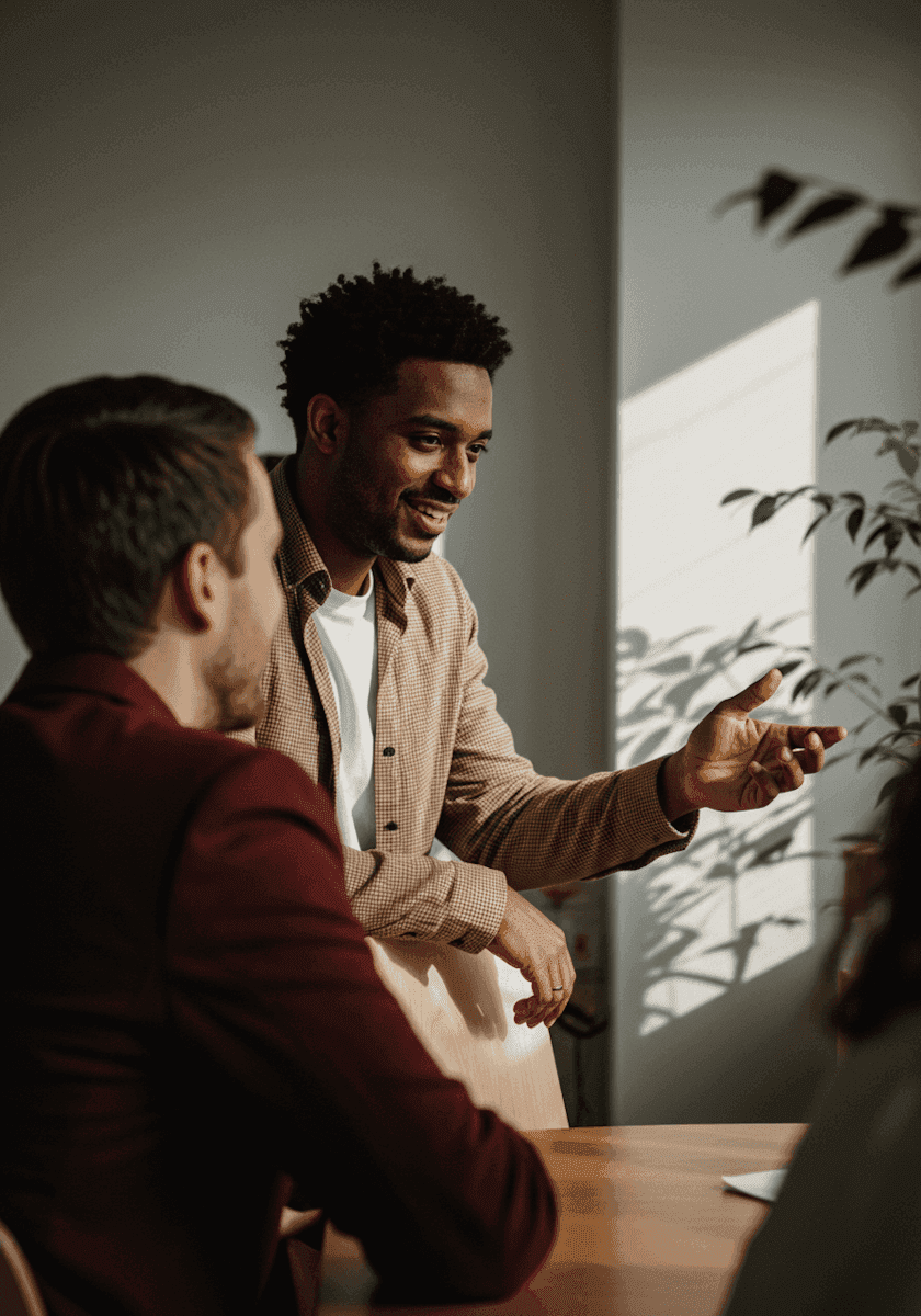 Man gesturing while speaking to colleagues in a sunlit office.