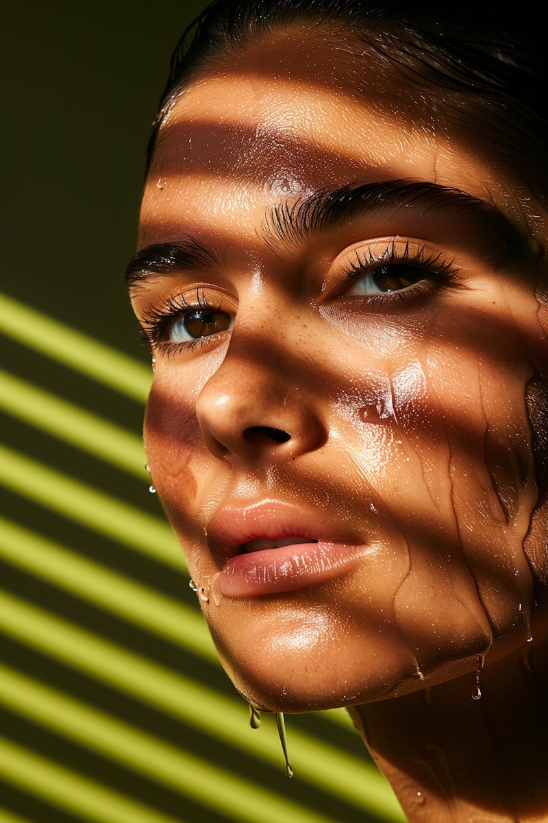 Close-up of a brown-skinned woman with water on her face, lit by striped rays of light—possibly from blinds against a dark green background