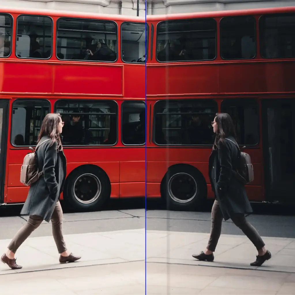 Concepto: mujer caminando frente a un autobús rojo con reflejo en el espejo.