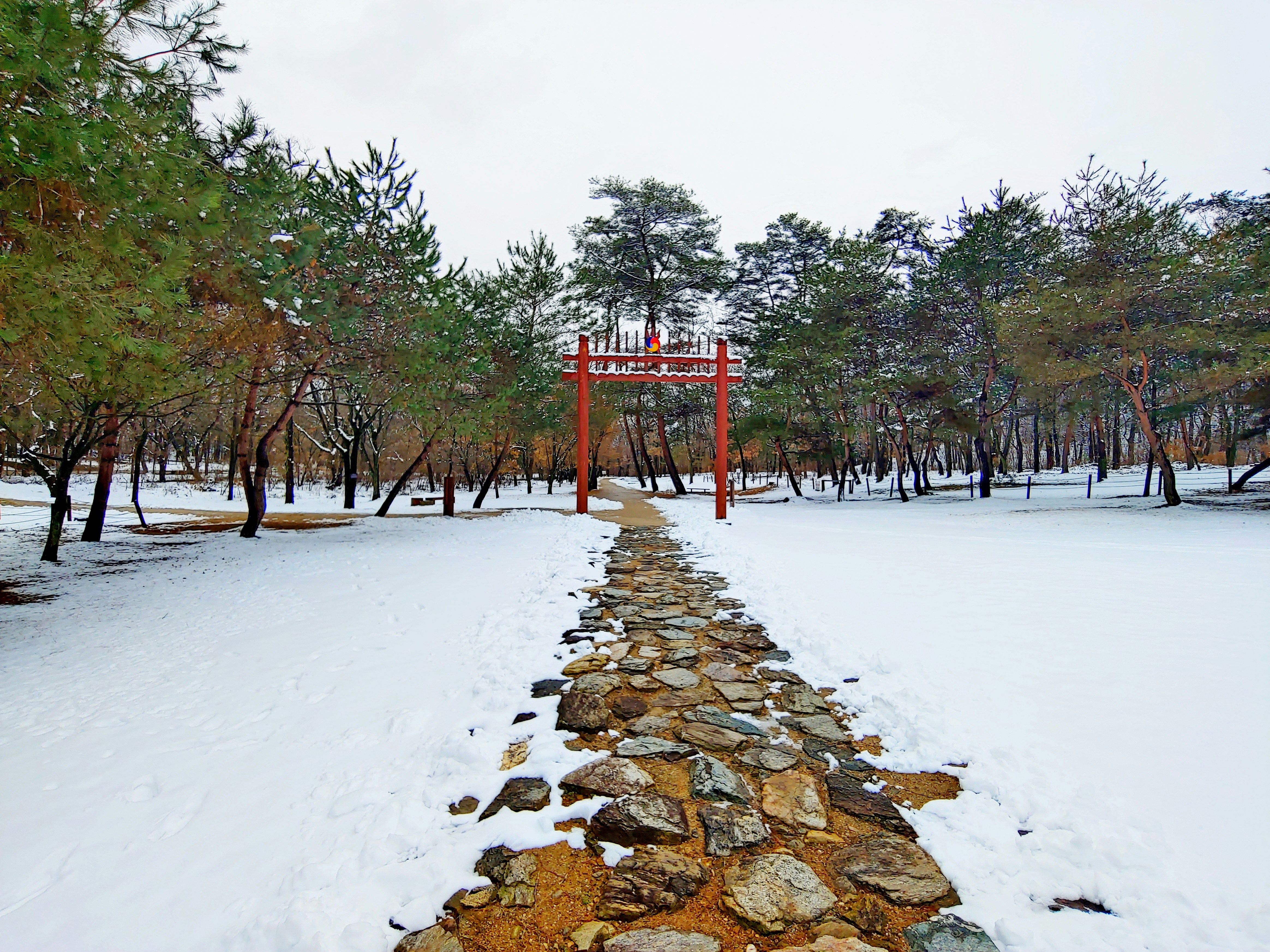 a stone path in the middle of a snowy forest