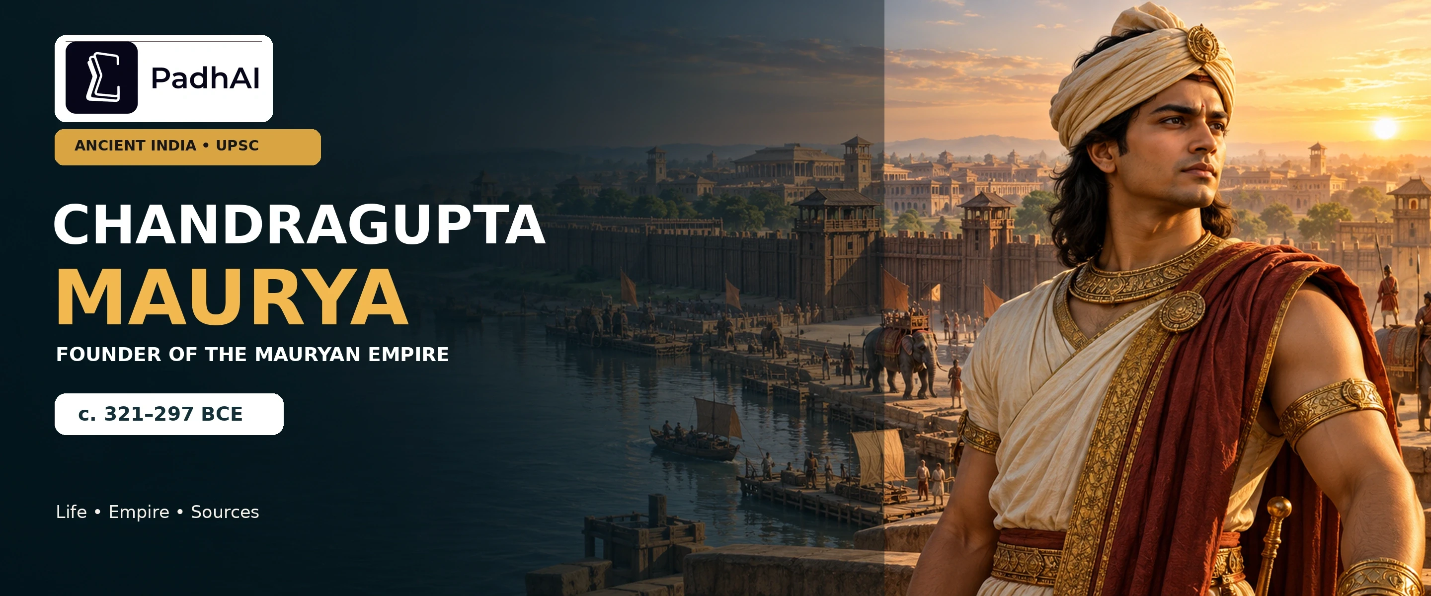 Chandragupta Maurya, founder of the Mauryan Empire, with Pataliputra in the background