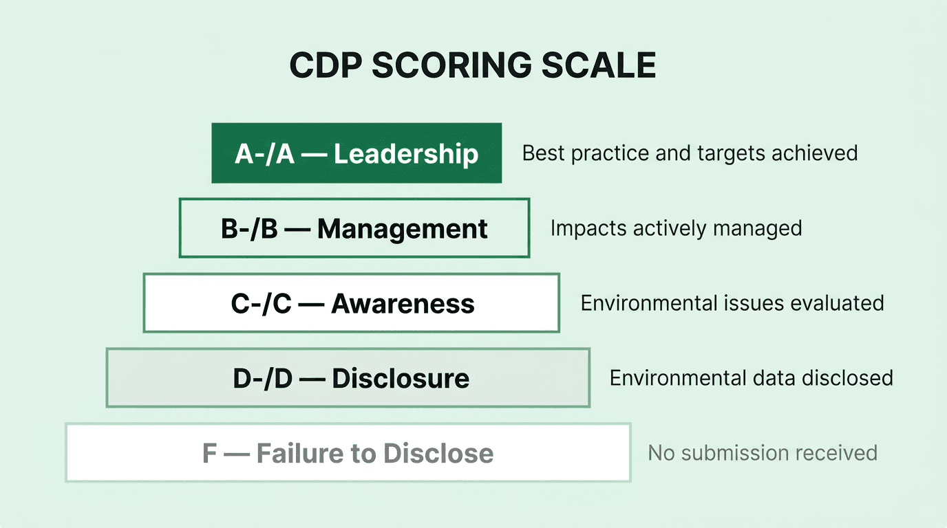 CDP scoring scale showing progression from F through A with descriptions