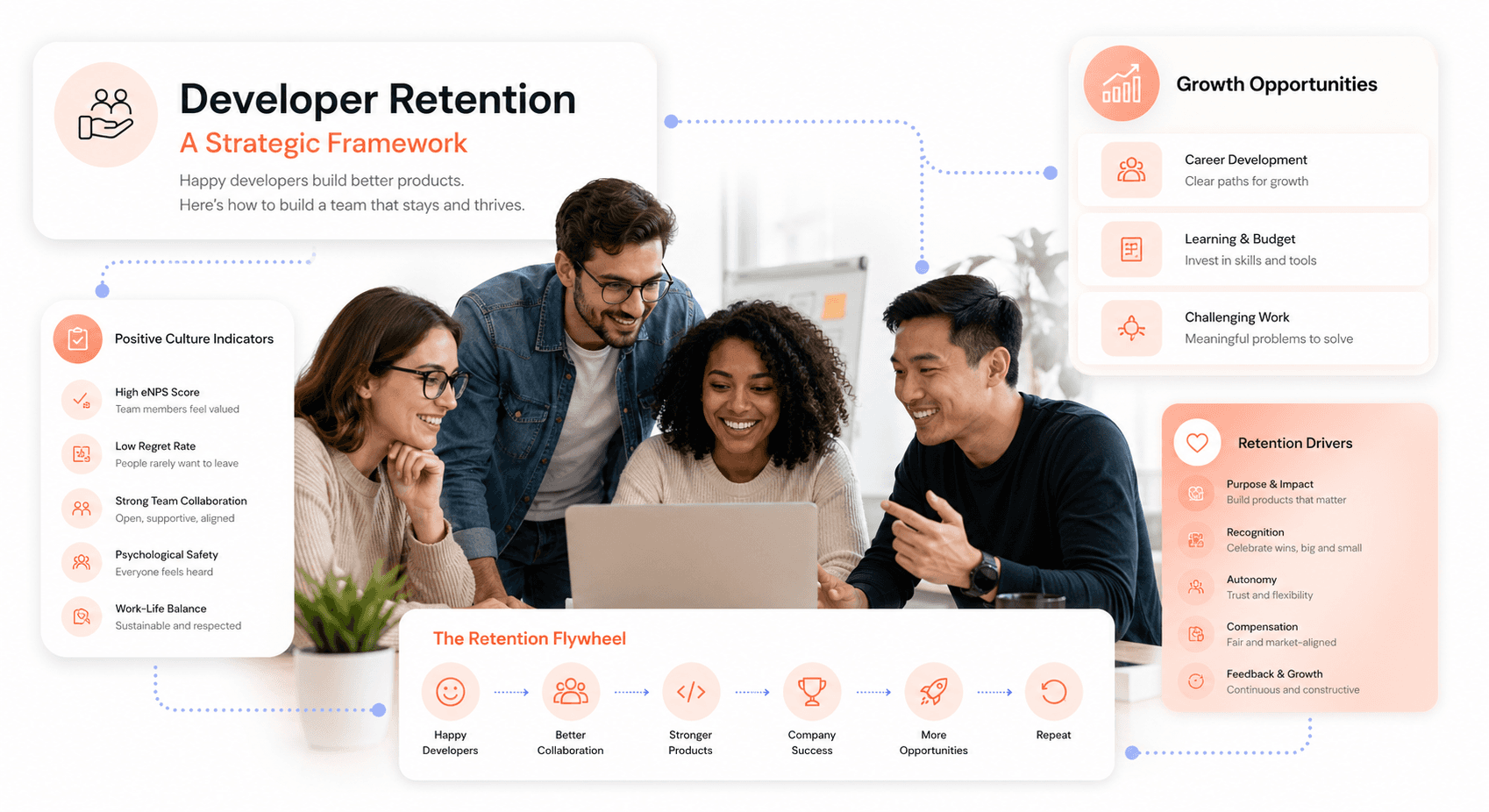 Strategic framework diagram showing best practices for creating developer-friendly environments and improving talent retention