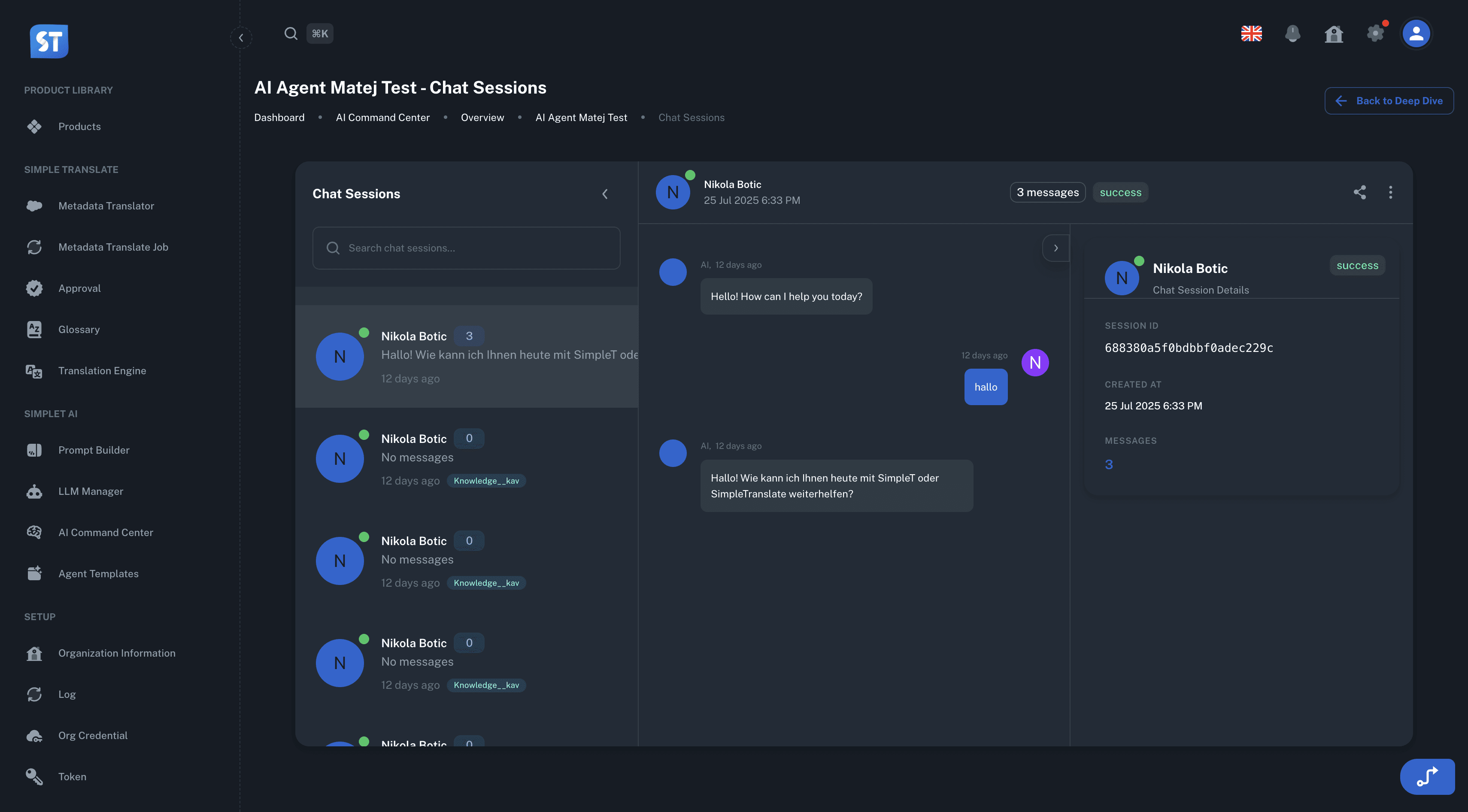 Individual chat session analytics showing complete conversation threads and performance insights