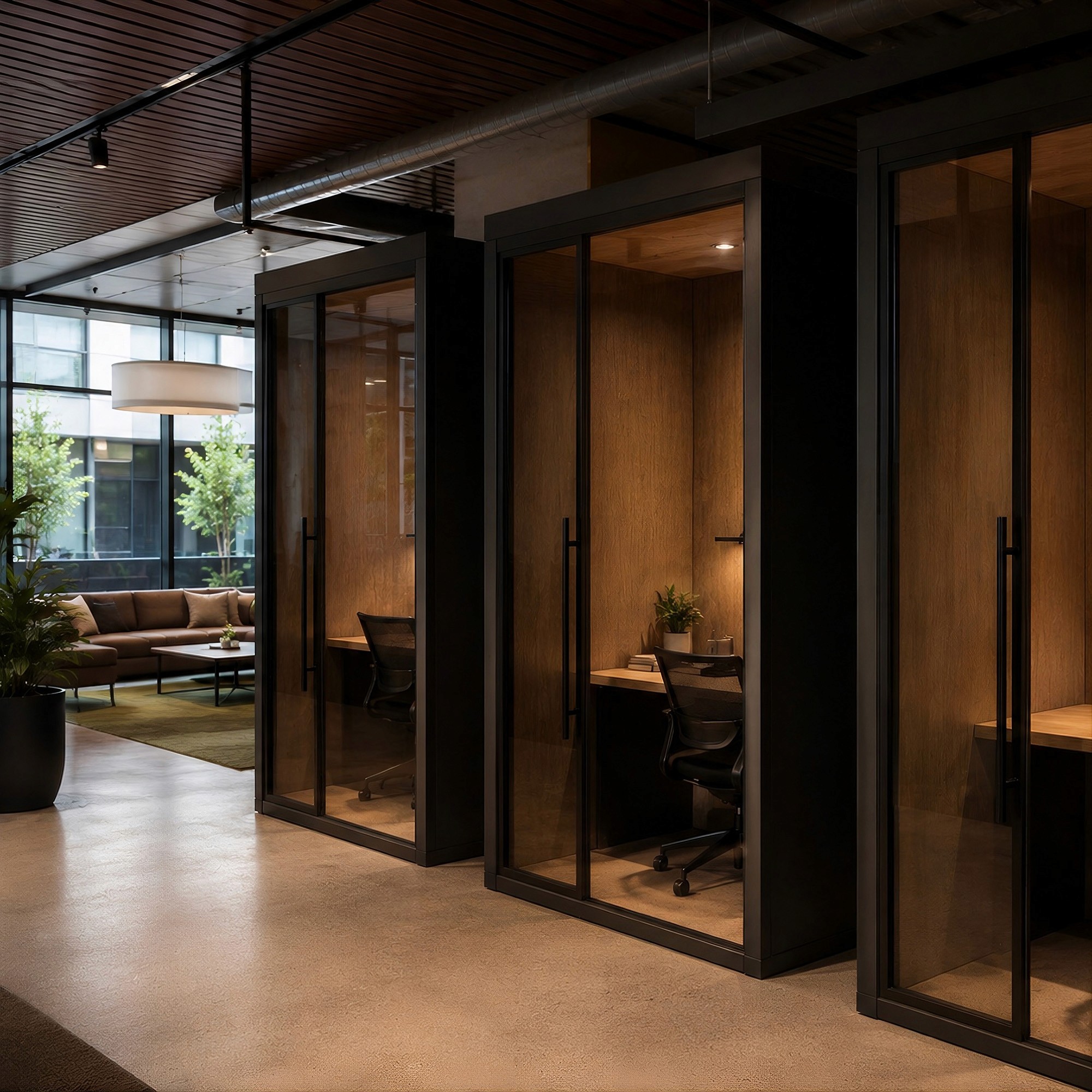 An indoor co-working area featuring individual, glass-enclosed private office pods.