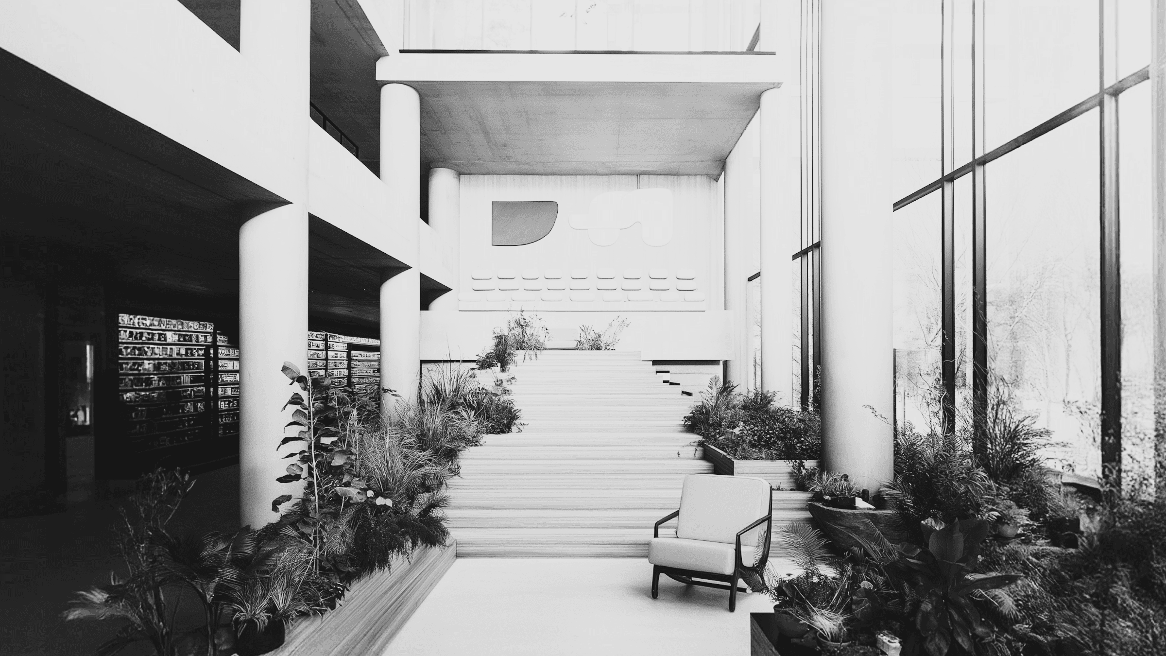A pathway lined with plants, bordered by modern architecture, leading to an open area in black and white.