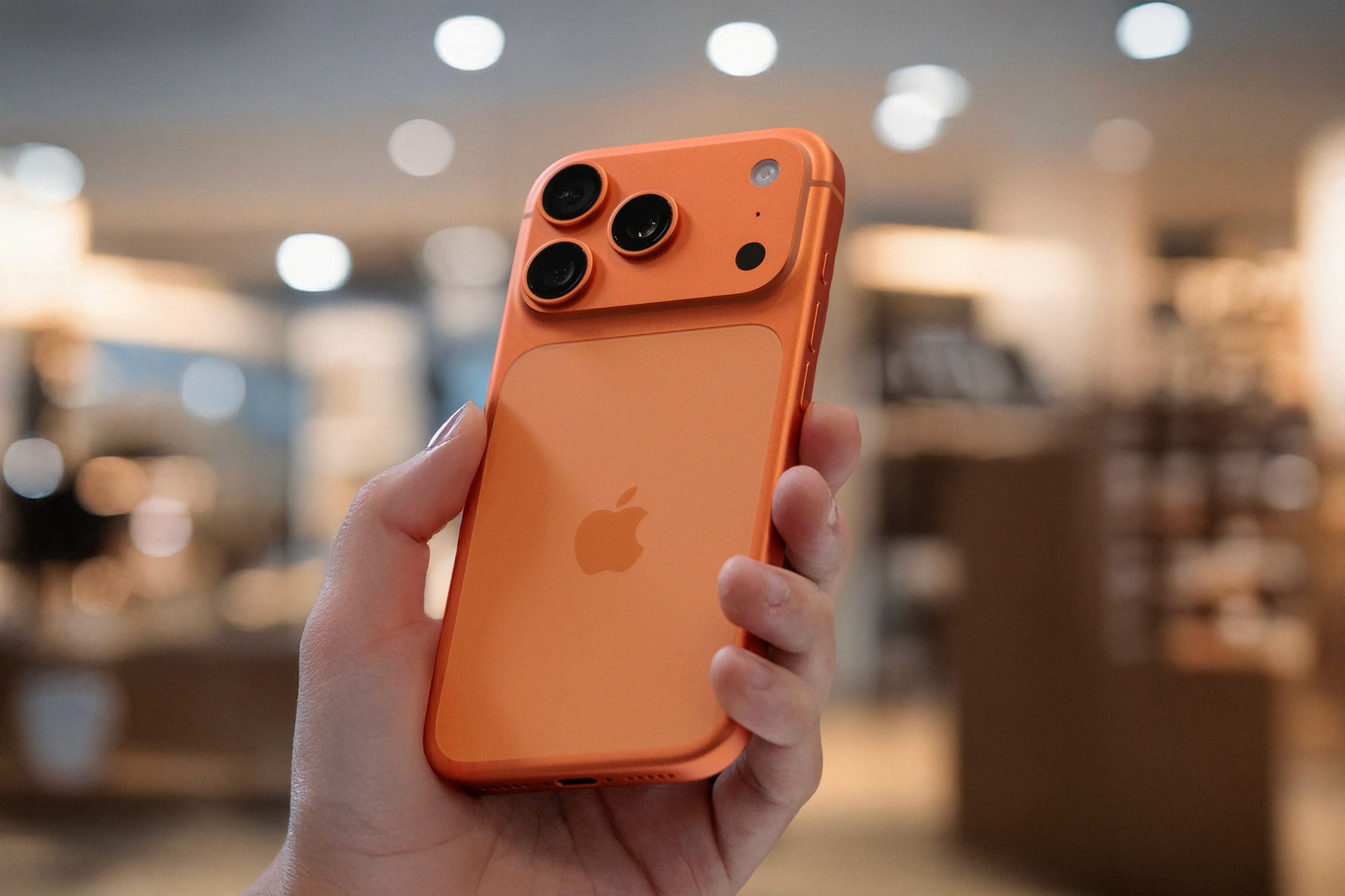 Smartphone laranja sendo segurado em uma loja, com fundo desfocado e iluminação quente.