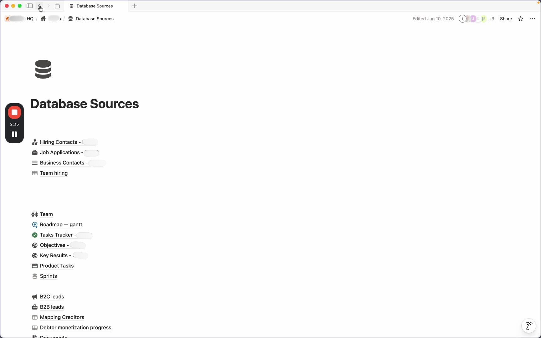 Sezione con le sorgenti dei database