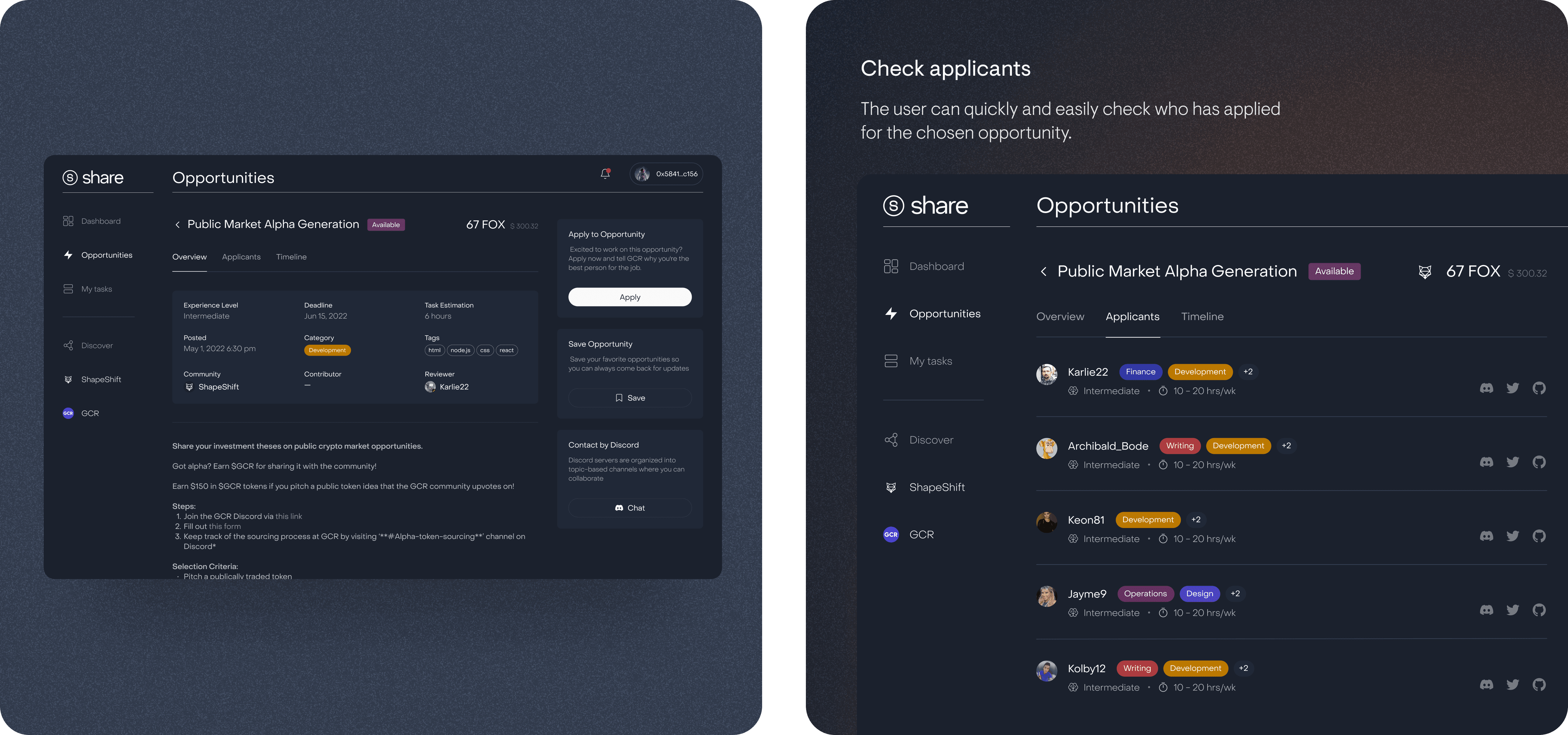 A dark-themed user interface featuring various dashboard elements and performance metrics on the left and right.