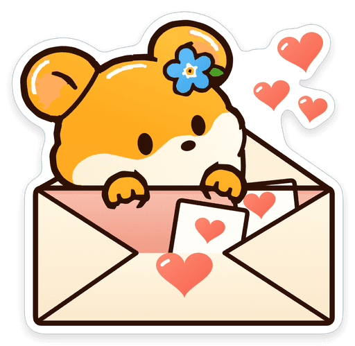 Ellie the hamster peeking out of an envelope of love letters, with little hearts floating up