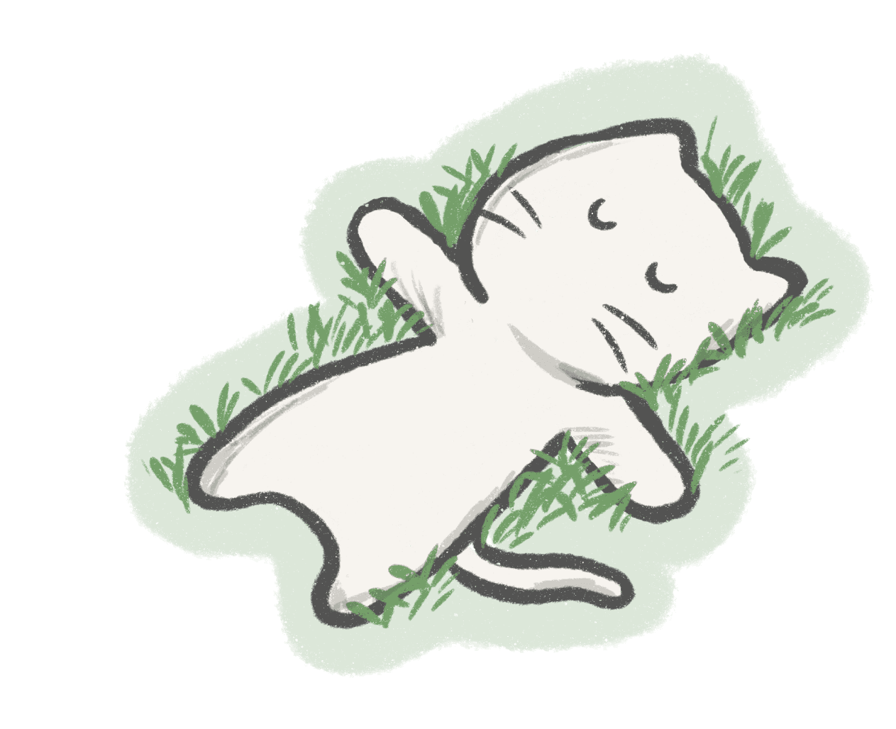 An illustration of a white cat lying on its back in the grass, eyes closed, paws spread out.