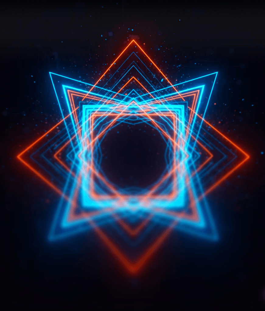 A futuristic 'About Us' hero section with a dark, high-tech tunnel or hallway background lined with glowing blue data displays and orange light strips. In the center, a striking image of a powerful, horned beast (like a bull or minotaur) with an aggressive stance, surrounded by fiery orange and blue energy. At the top, a navigation bar with 'PROOF' highlighted in blue. Below the central image, the text 'Witness The Forge - Where Marketing Warfare Machines Are Born' is displayed, with 'Marketing Warfare Machines' in a glowing yellow gradient."