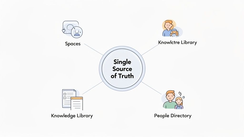 A diagram illustrating a 'Single Source of Truth' connected to Spaces, Knowledge Library, and People Directory.
