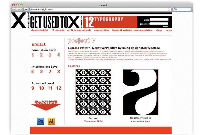 A screenshot displays a webpage titled “GET USED TO X 12 TYPOGRAPHY” with a navigation bar including “about x-height,” “12 projects,” “art & design schools,” “competition,” “books & website recommendation,” “shop,” and “news.” Below, a project titled “project 7” presents “Express Pattern, Negative/Positive by using designated typeface.” The page includes example designs: a geometric pattern and a stylized letter “S,” both labeled “Clarendon Bold.” The footer shows Adobe Photoshop and Illustrator icons.