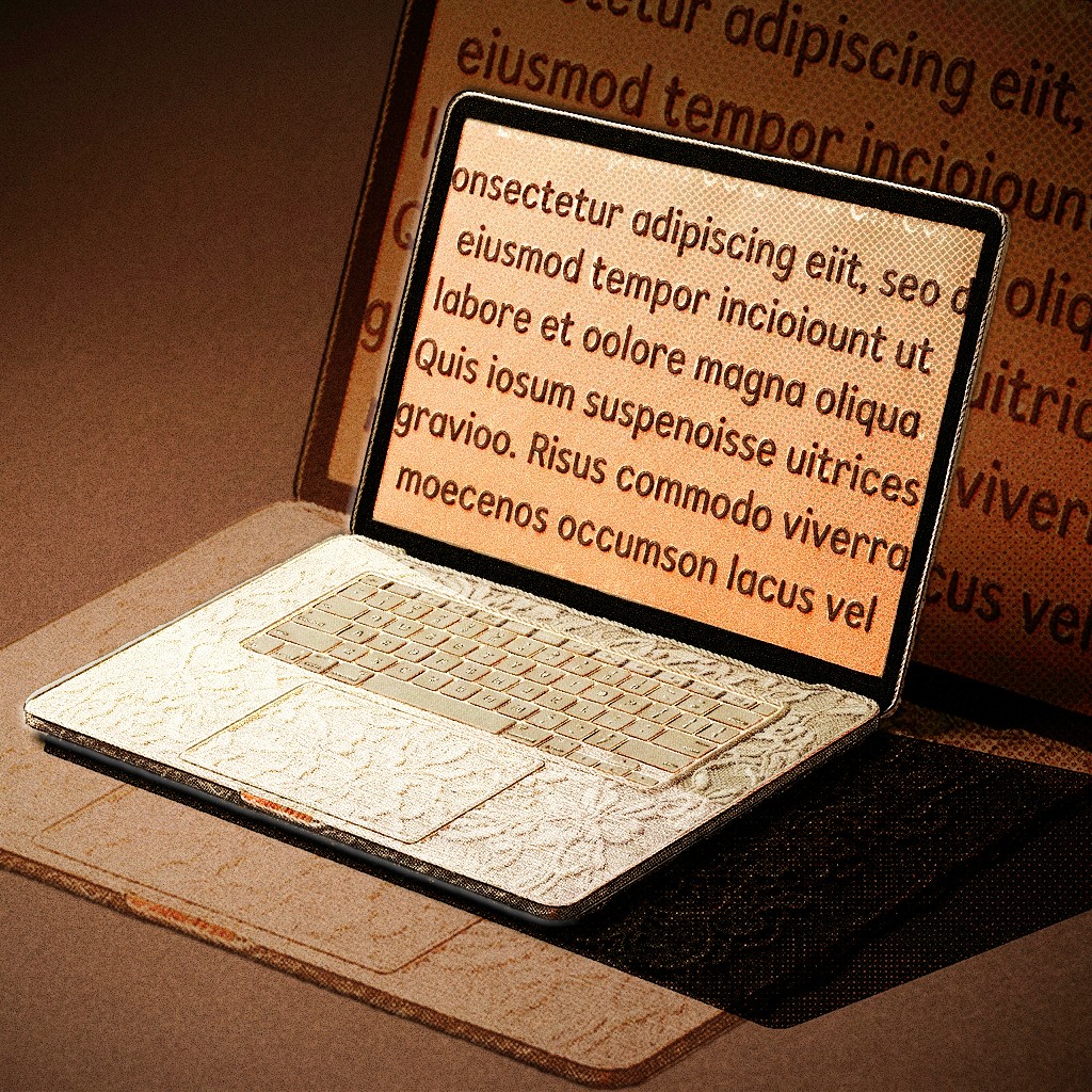 Product photography by Nilaye B showing a laptop with an ornate, cream-colored lace textured skin covering its keyboard deck and trackpad. The screen displays warm golden mock Latin typography. The laptop rests on a matching brown textured surface, with an identical, larger graphic panel rising behind it to create a layered, sepia-toned composition.