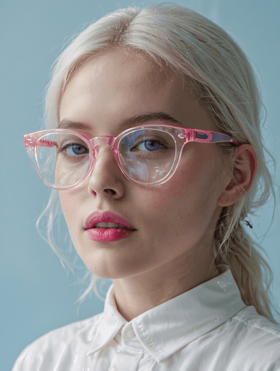 Close-up portrait of a blonde woman in translucent pink glasses and a white shirt on a soft blue background.