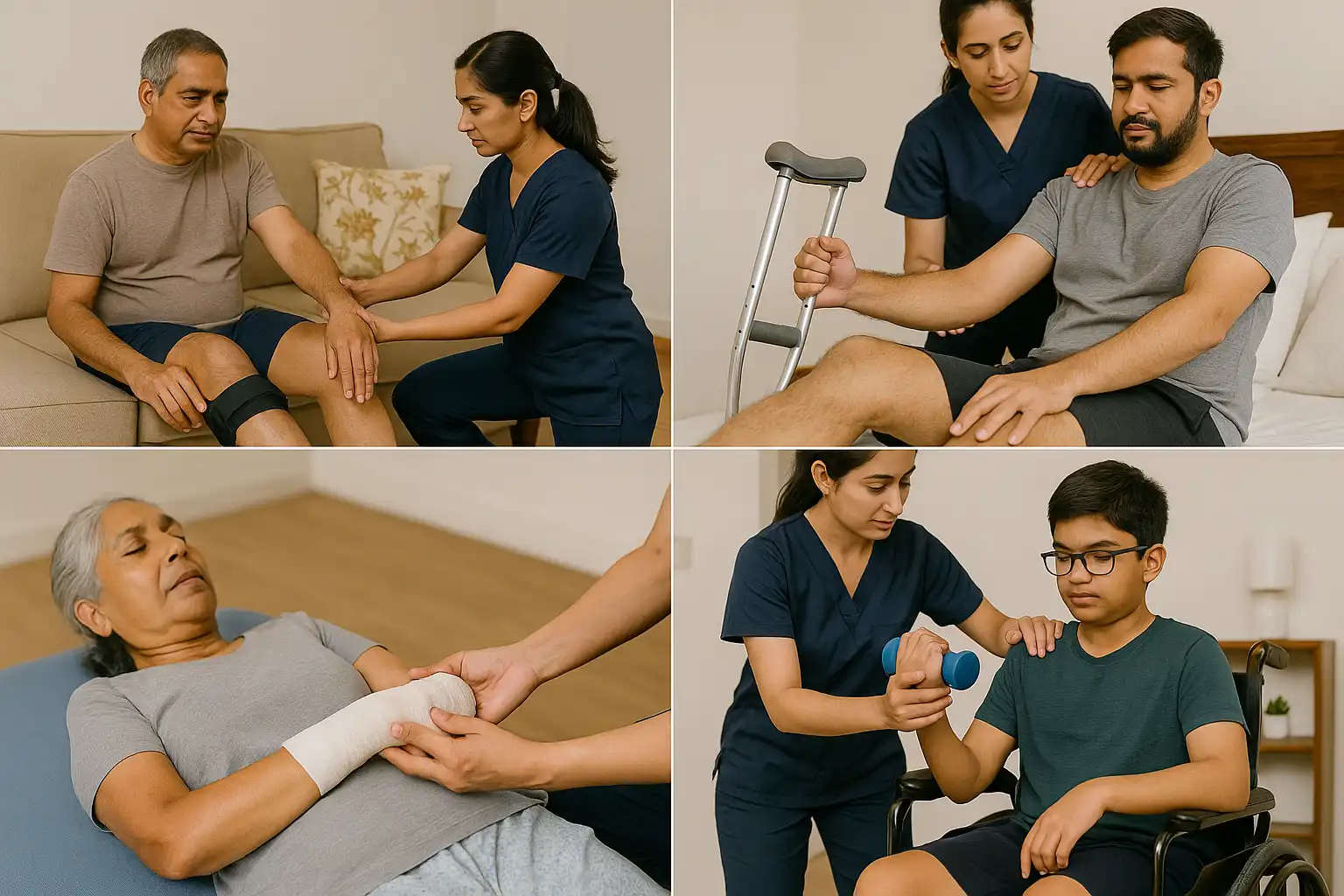 Post-fracture and post-surgery physiotherapy – therapist supporting patients with knee braces, arm casts, and mobility challenges to restore strength and joint function.