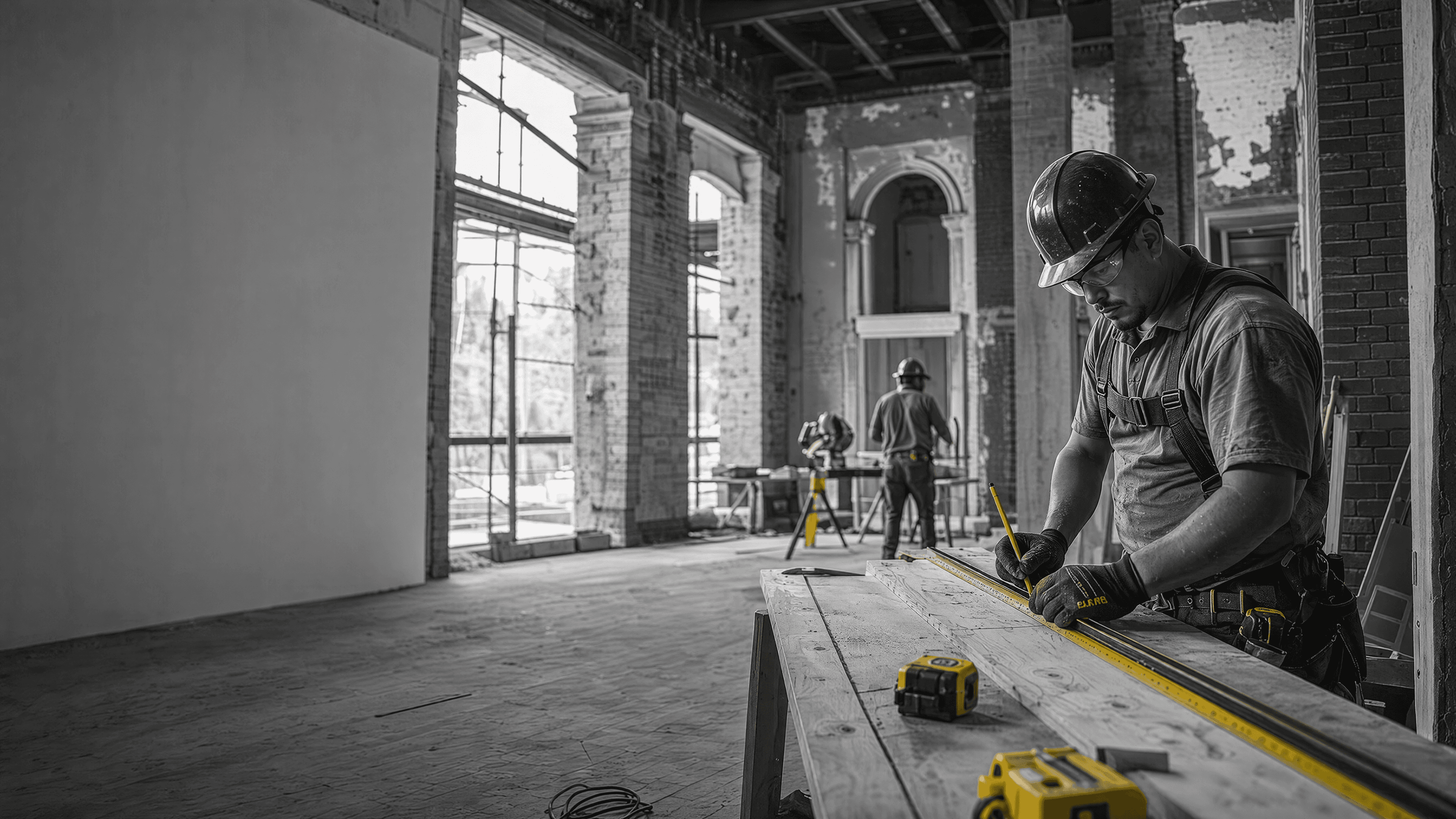 Skilled construction professional measuring and marking a board at a workbench while other workers continue a large interior renovation.