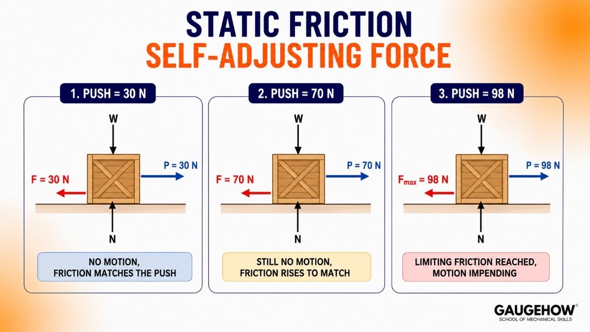 Three panel diagram showing static friction increasing to match the applied push until limiting friction is reached and motion becomes impending