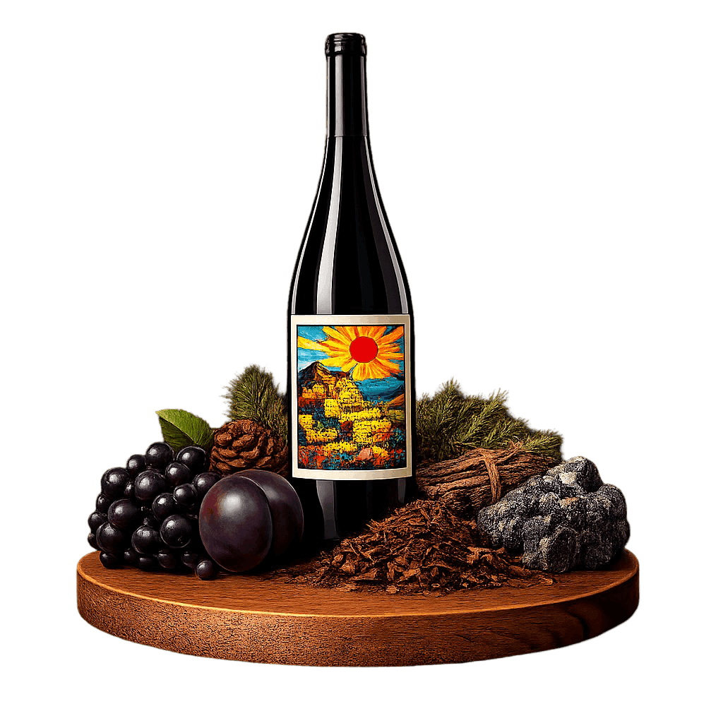 Artistic label and flavor profile for Judean Hills Red Blend on a rustic wooden table.