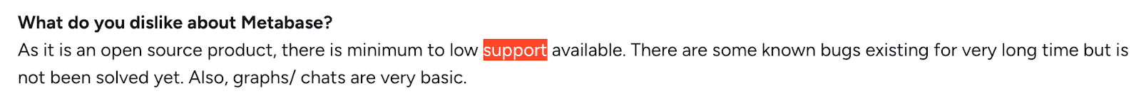 User feedback highlighting limited support and basic charting features in Metabase
