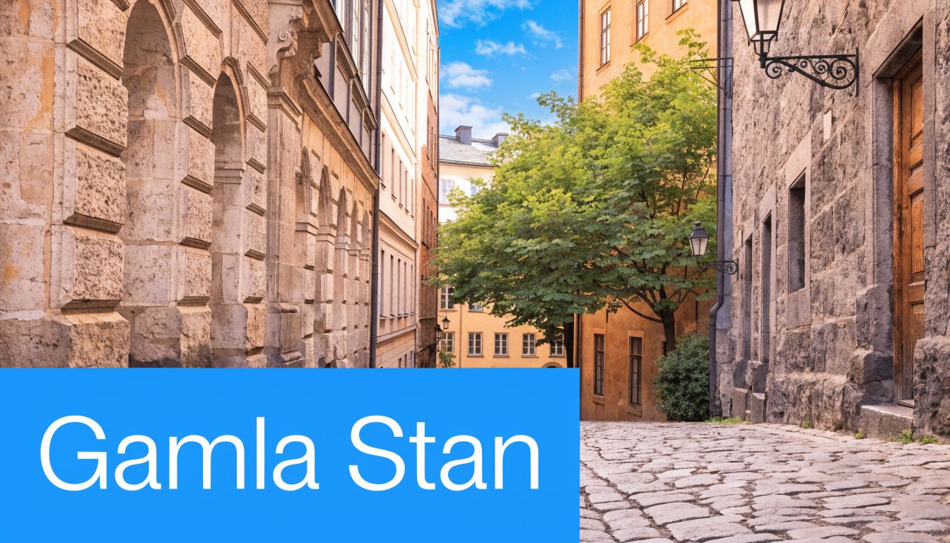 Smal kullerstensgränd mellan historiska stenbyggnader i Gamla Stan i Stockholm med gröna träd i bakgrunden