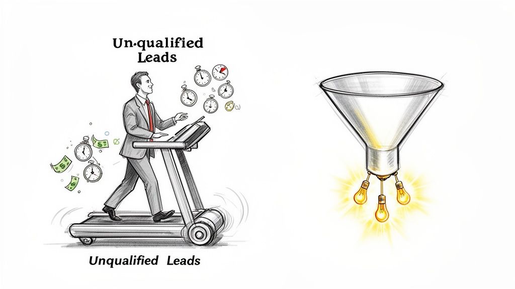 Illustration of a man on a treadmill symbolizing wasted effort on unqualified leads, opposite a funnel generating qualified insights.