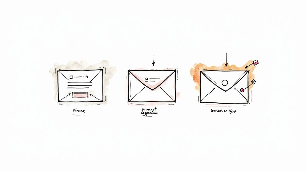 Hand-drawn sketches of three envelopes illustrate different email marketing campaign types or notifications.