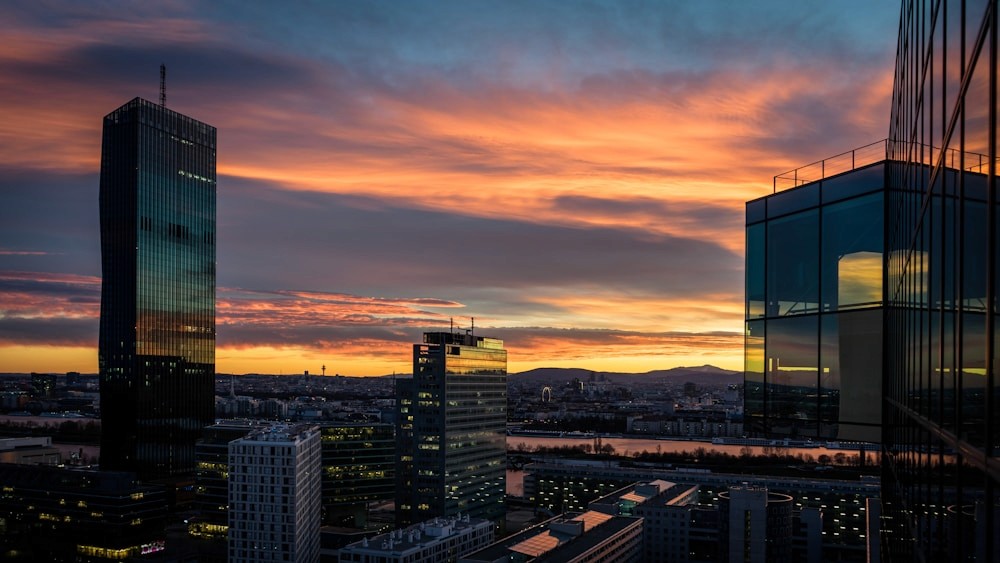 London skyline with tall buildings and a red sky