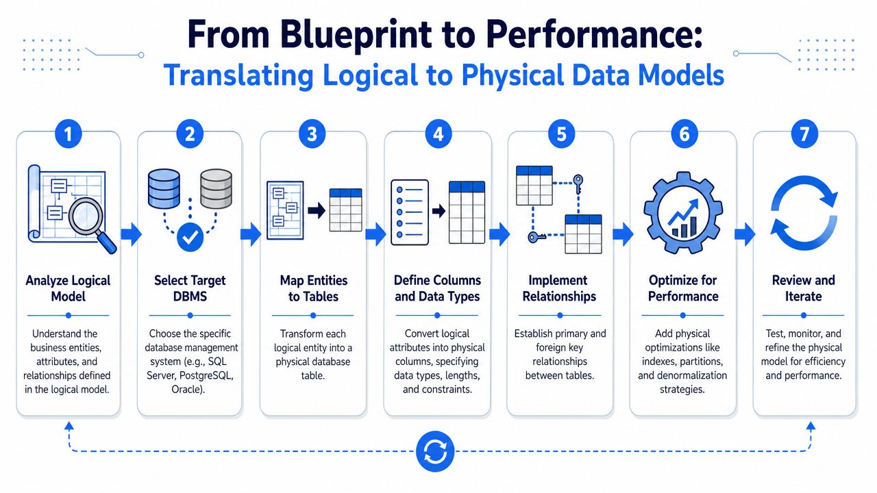 A seven-step flowchart illustrating the process of translating a logical data model into a physical database model.
