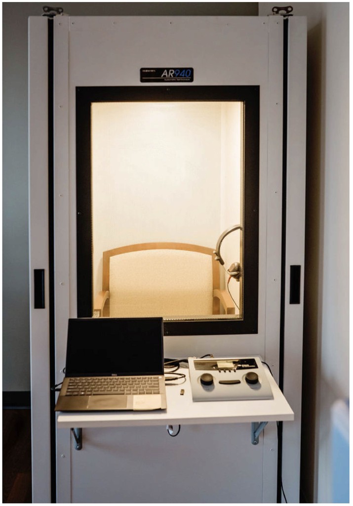 Audiometer soundproof booth used for hearing screenings at Harper Health Glenview.