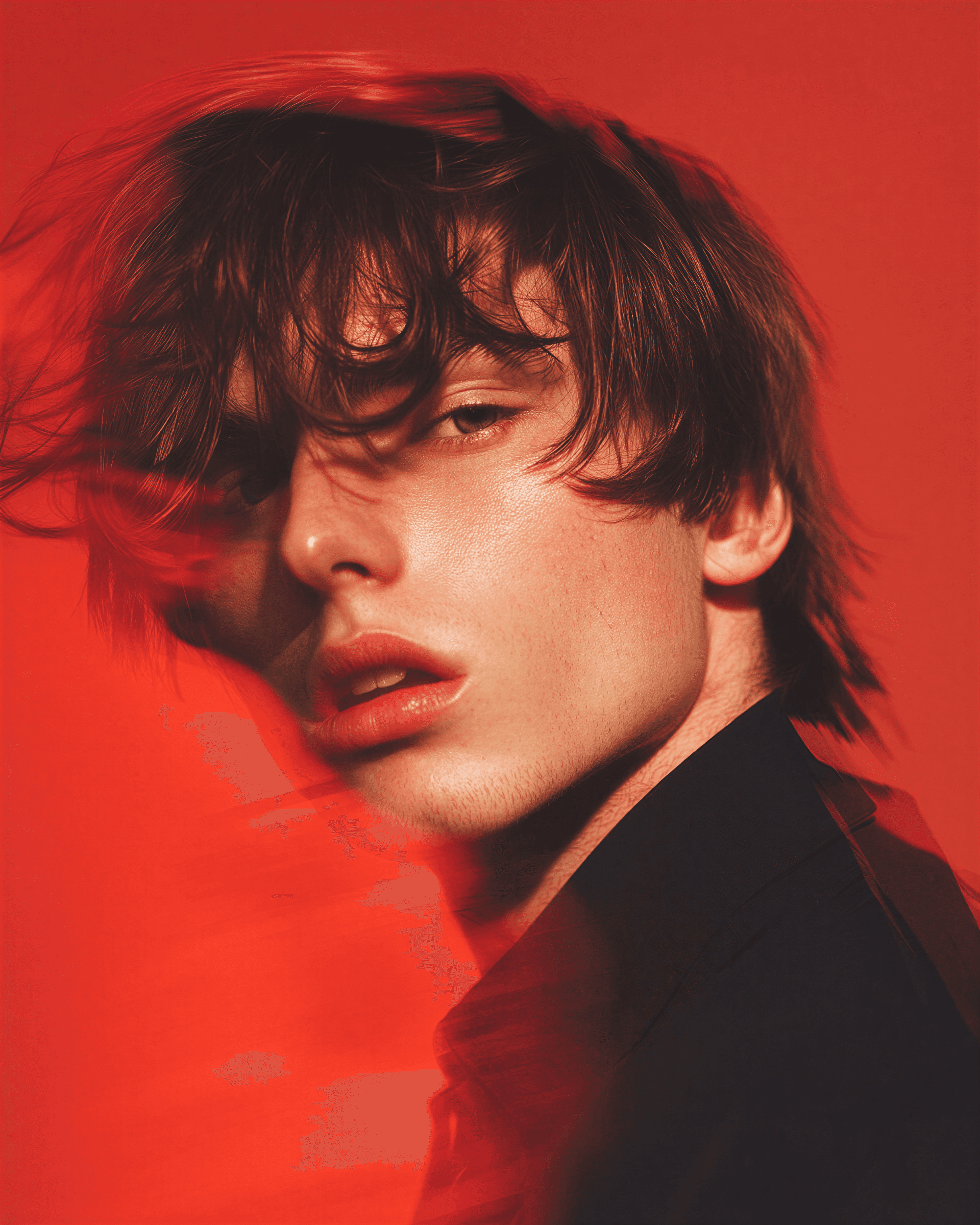 Moody portrait with red background.