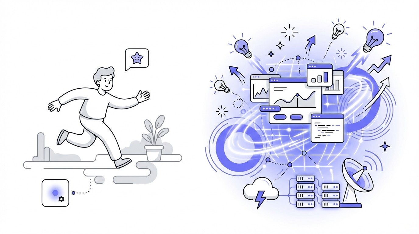 A modern illustration comparing a human's speed and scale to digital data processing. On the left, a minimalist silhouette of a person in motion. On the right, abstract, glowing data streams, network nodes, and light trails representing immense digital speed and scale.