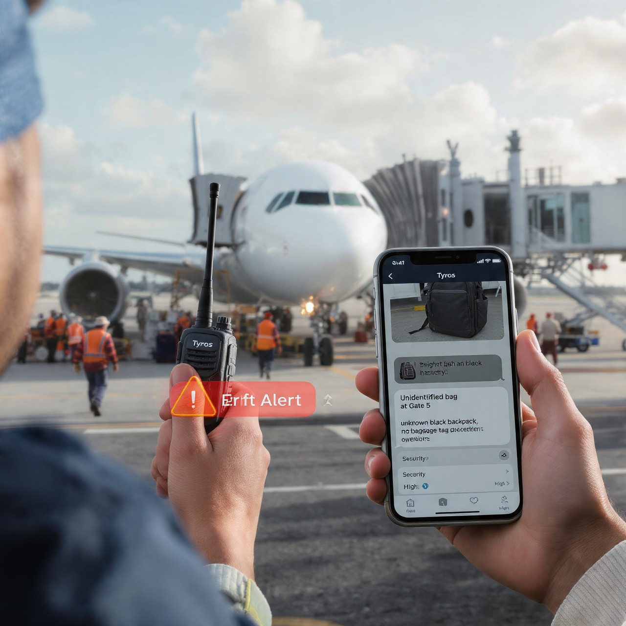 Airport staff using Tyros® mobile app for operations, incident reporting, SOS alerts, and real-time tracking