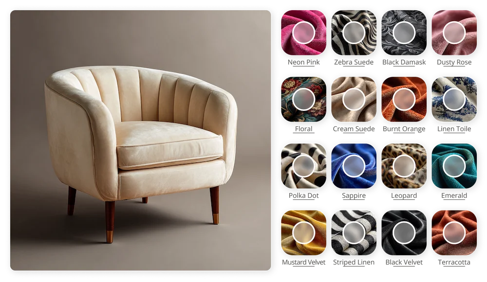 Cream chair next to 16 different fabric swatches