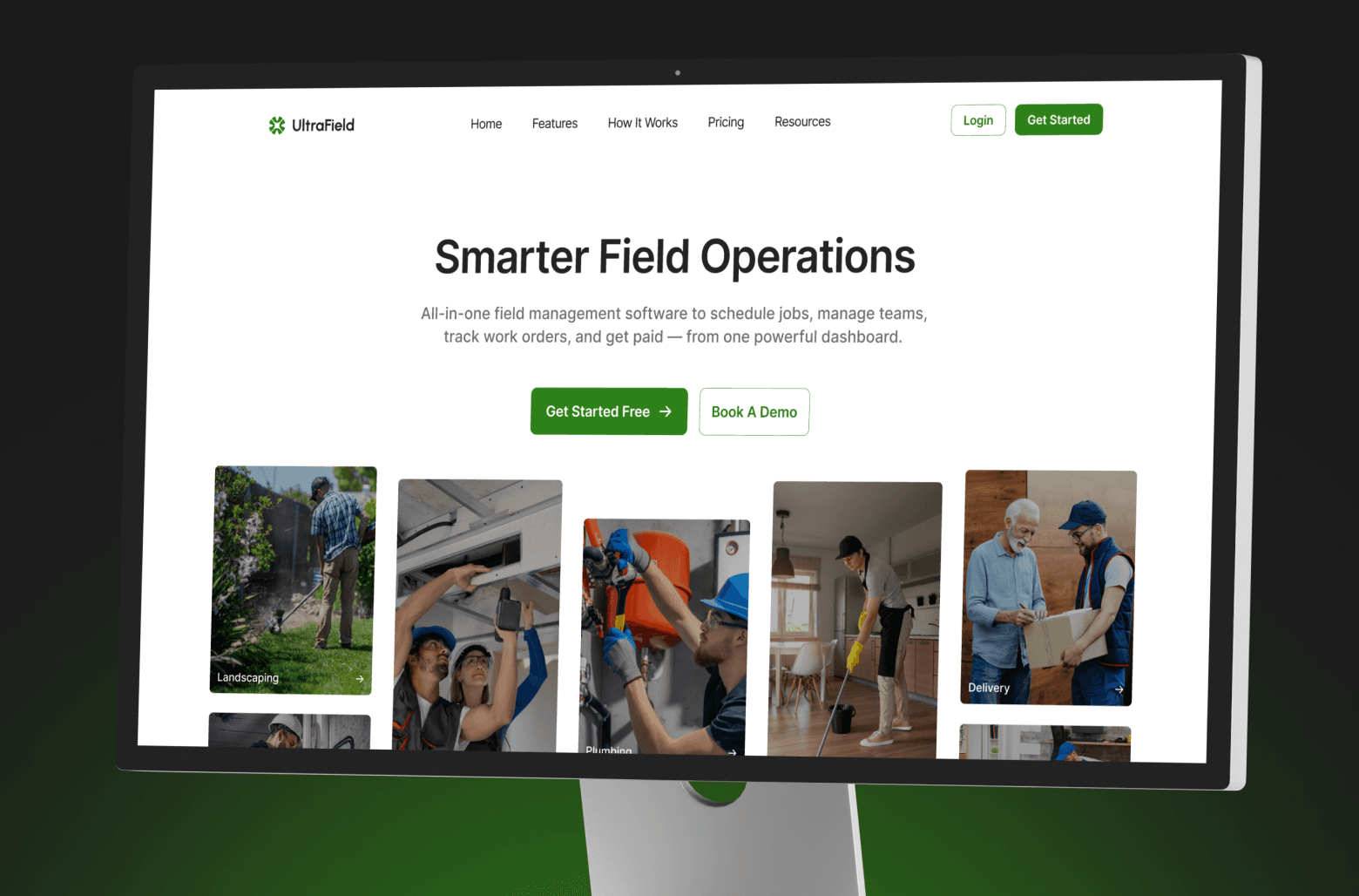 UltraField SaaS website homepage displayed on desktop showcasing smart field operations software interface