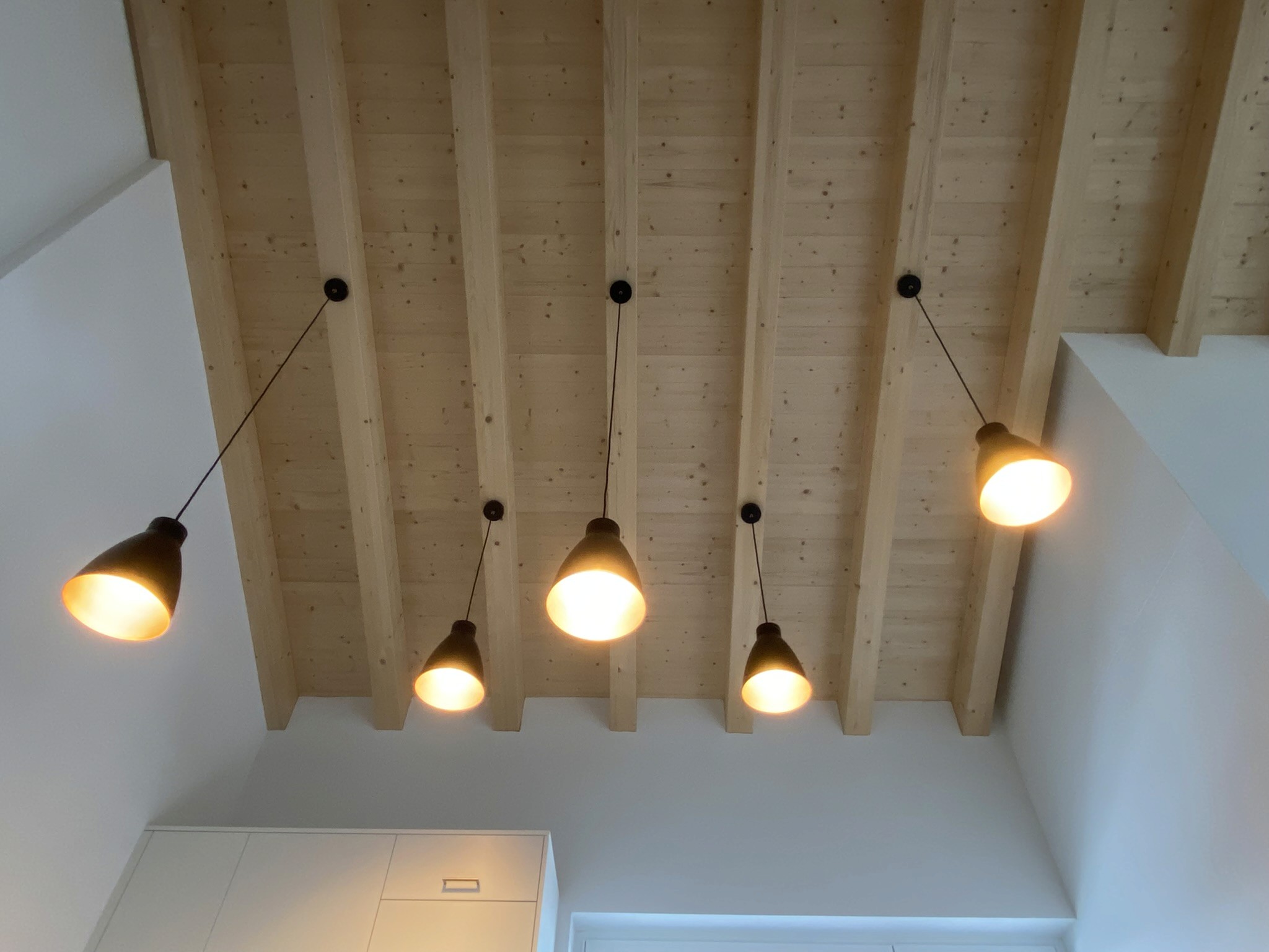 Decke mit Massivholz und modernen rustikalen Lampen, Niggli Architektur Grüsch