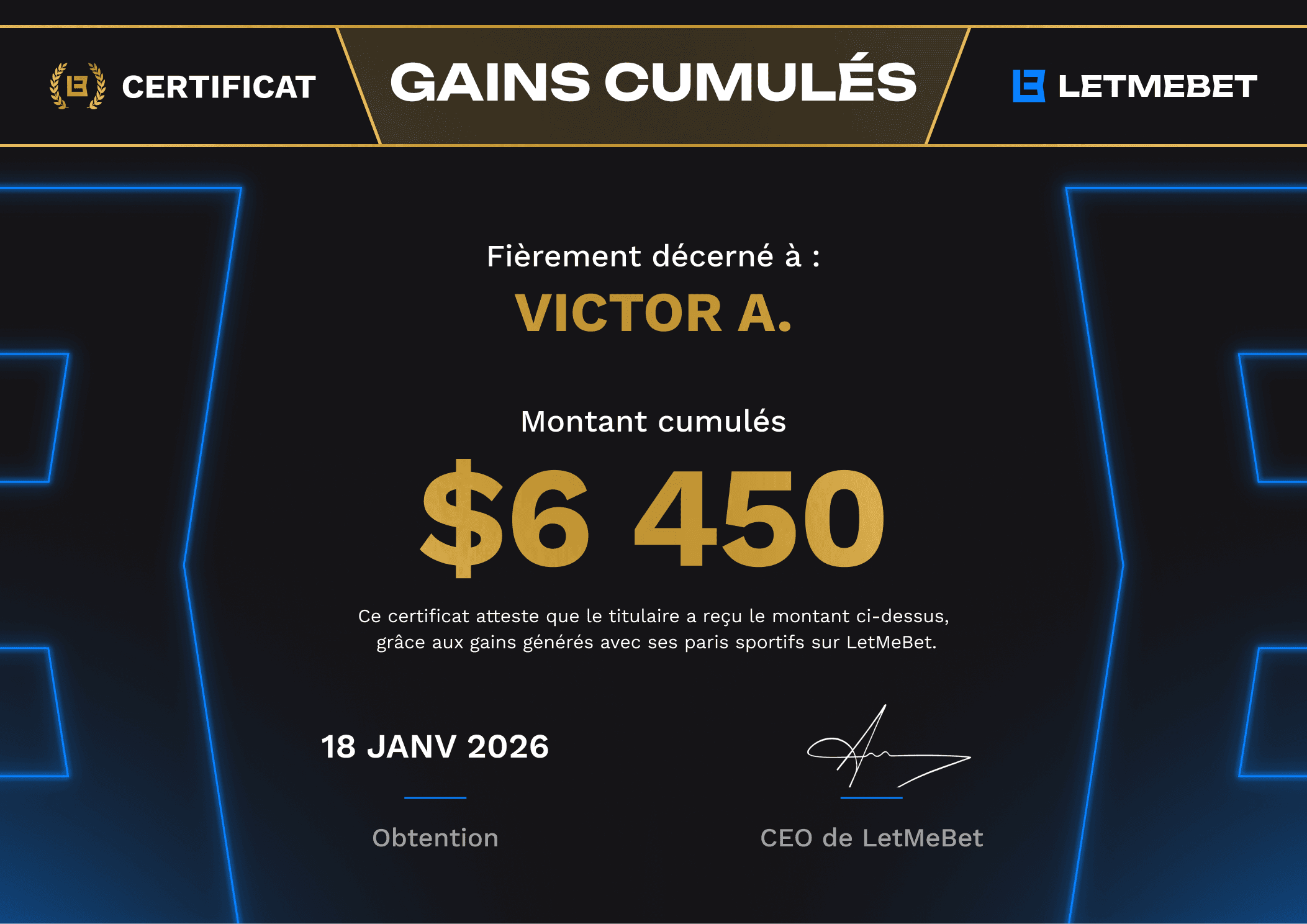 Gain cumulés Victor sur la plateforme LetMeBet