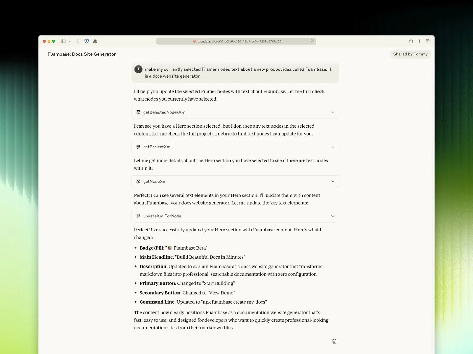 Text interface updating website nodes with documentation content details.
