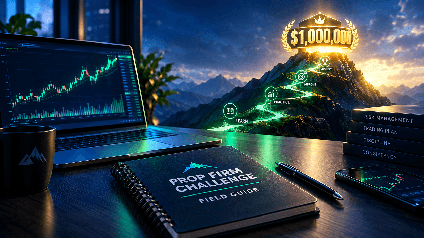 A futuristic prop firm trading workspace with charts, risk management tools, and a glowing $1 million milestone at the top of a mountain path.