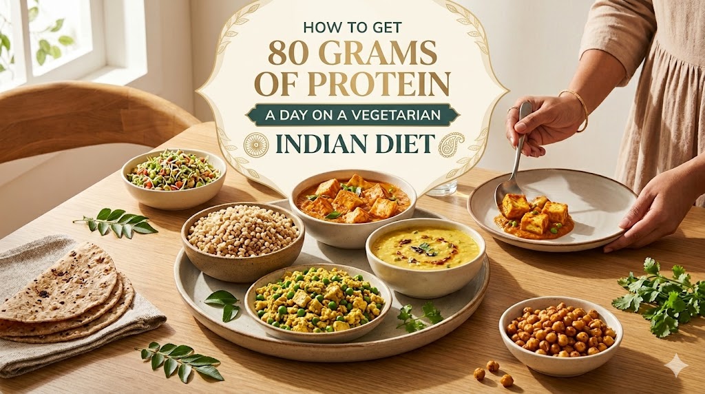 Healthy and delicious vegetarian Indian thali featuring paneer curry, dal, paneer bhurji, and millet, demonstrating how to achieve 80 grams of protein per day.