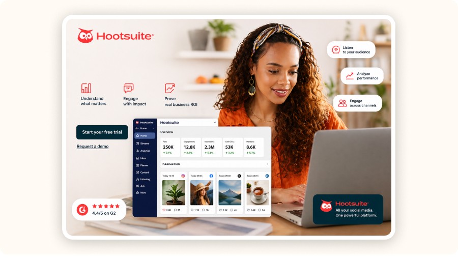 Woman using laptop with Hootsuite dashboard and social media analytics interface