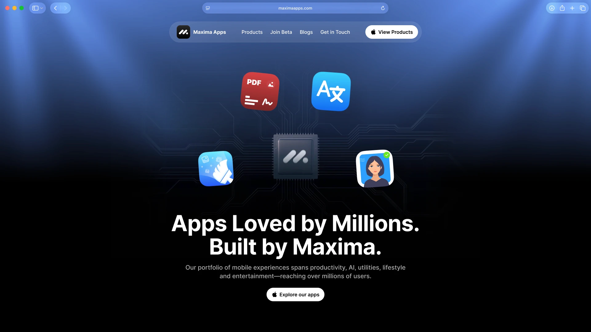 Maxima Apps website showcasing mobile apps, product design, and digital experiences