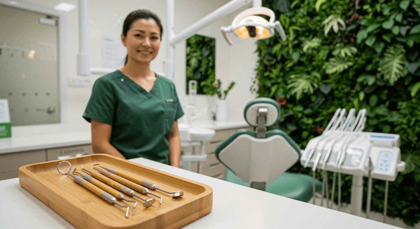 Eco-friendly bamboo dental tools on a wooden tray in a sustainable clinic with plants in the background.