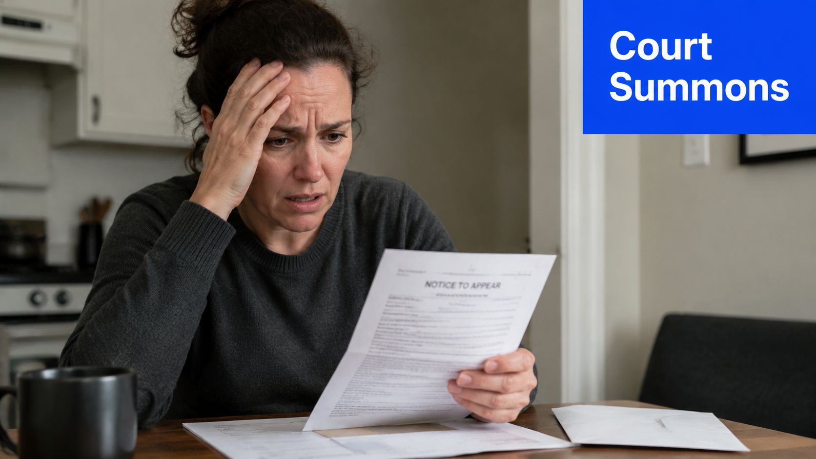 A distressed woman sits at a kitchen table looking concerned while holding a legal notice document.