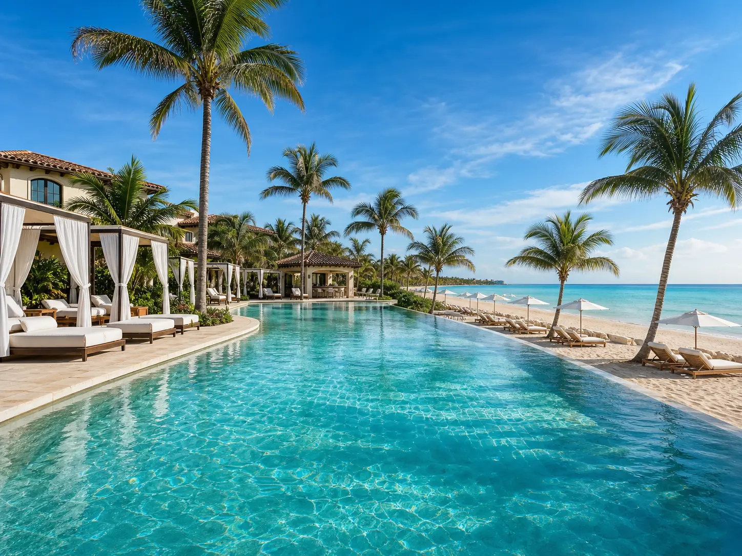 Tropical beachfront luxury estate featuring an expansive infinity pool leading to white sand beach, lined with palm trees, white cabanas, and ocean views under bright blue sky