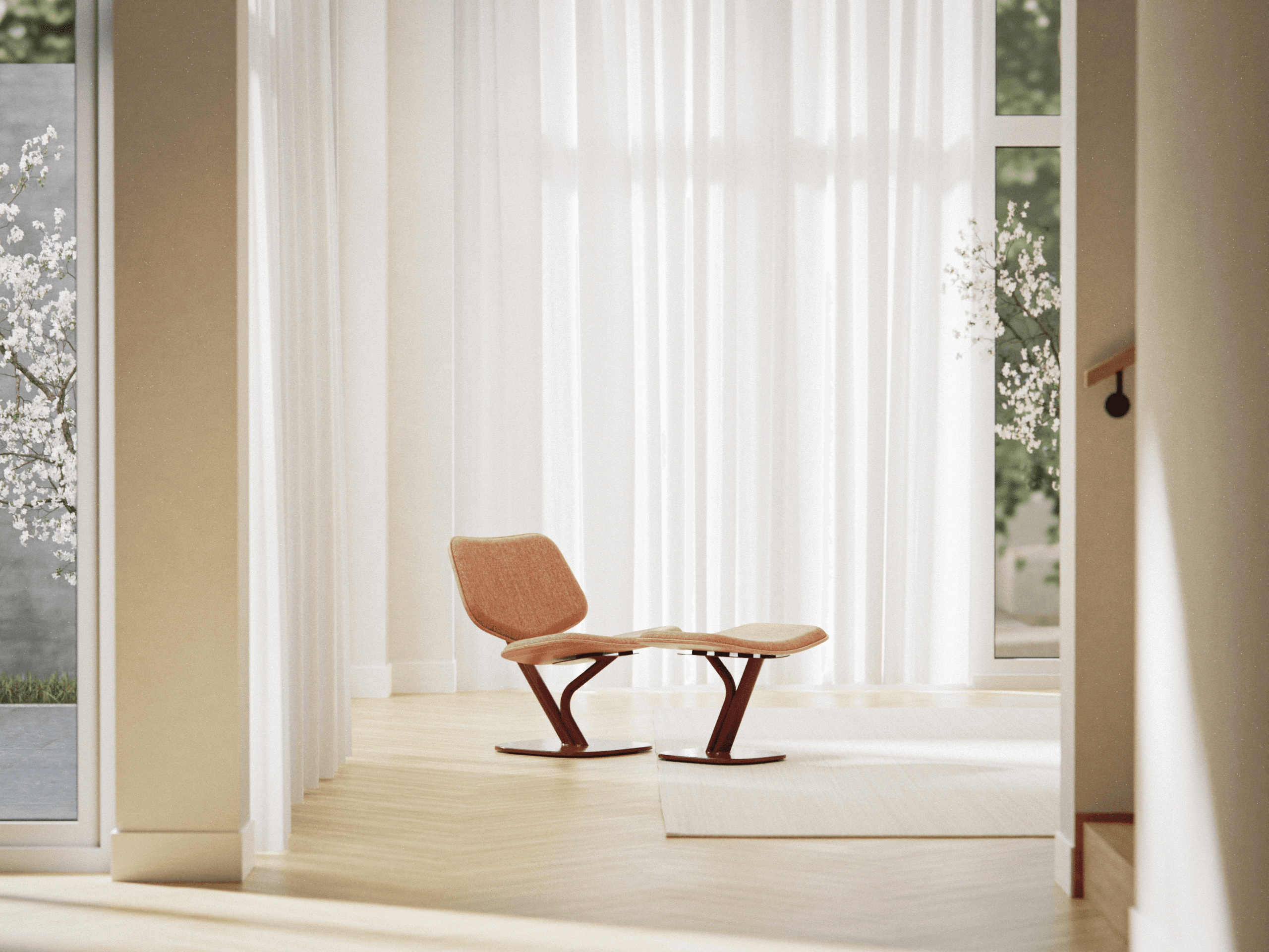 Till Lounge Chair with ottoman in a sunlit modern living room, terracotta red upholstery and oak plywood shell on red Y-frame base