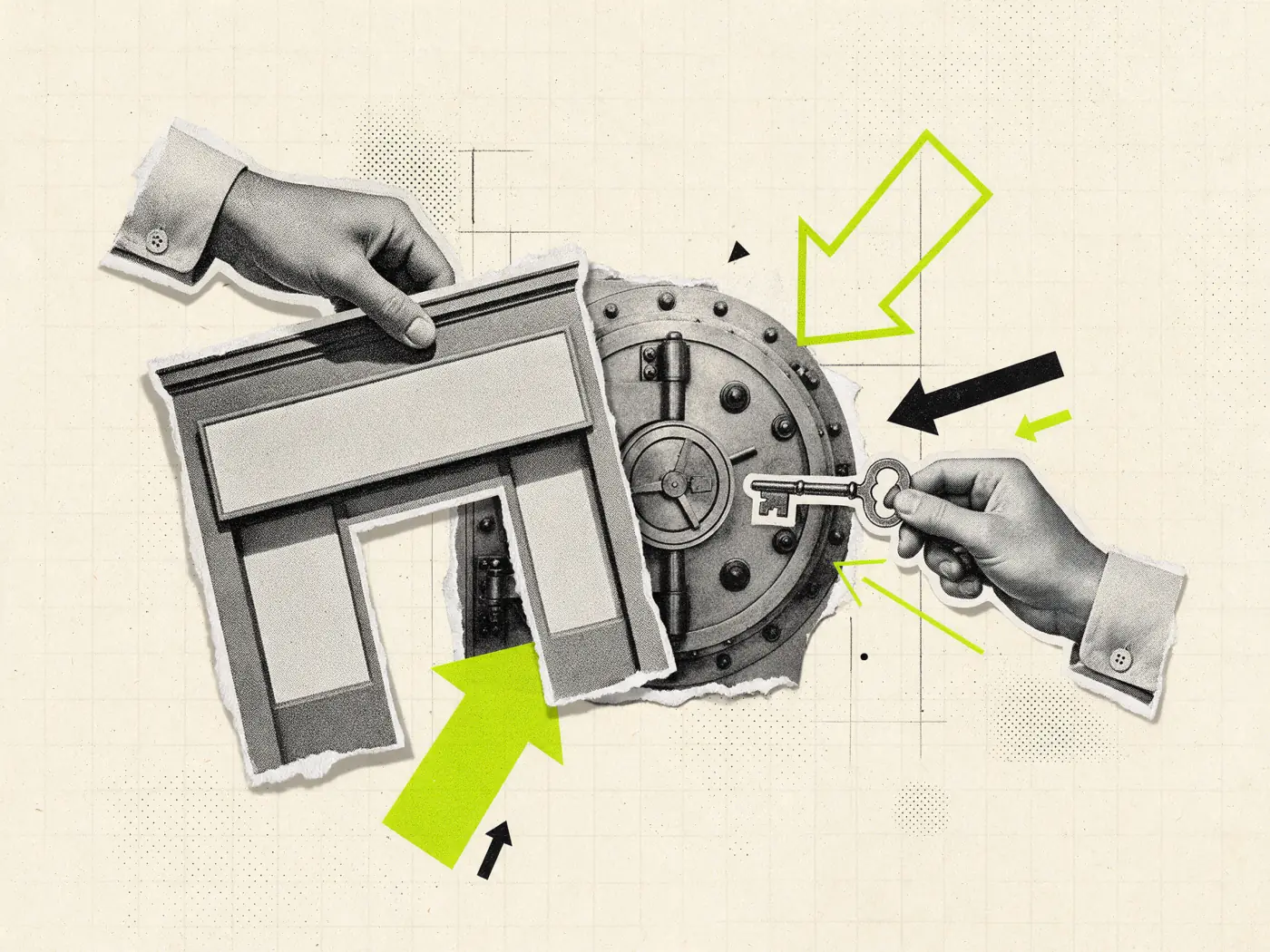 Colagem vintage: mão ergue fachada de papelão e revela cofre, a licença por trás do desenvolvimento de software para fintech
